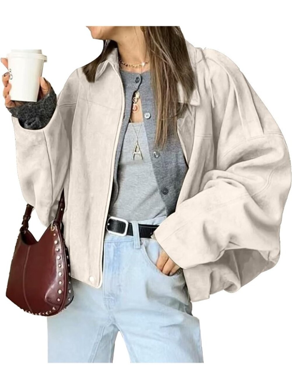 Women's Beige Oversized Faux Suede Collared Hidden Zipper Pilot Bomber Jacket
